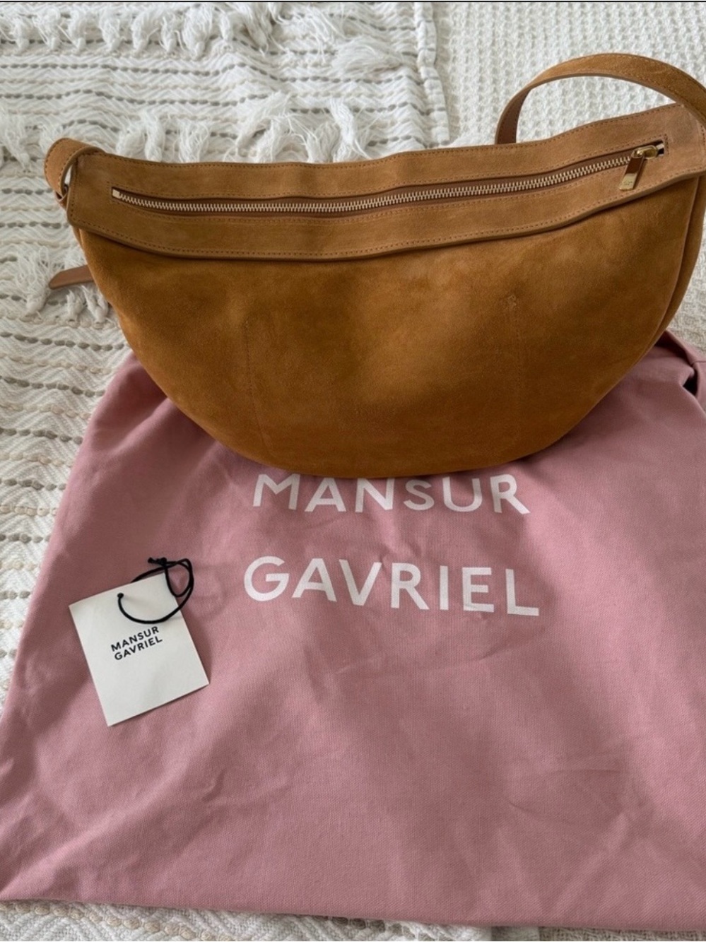 Brand New!! Mansur Gavriel Half Moon Suede Crossbody Bag in Caramel; NWT $695 - Picture 6 of 15